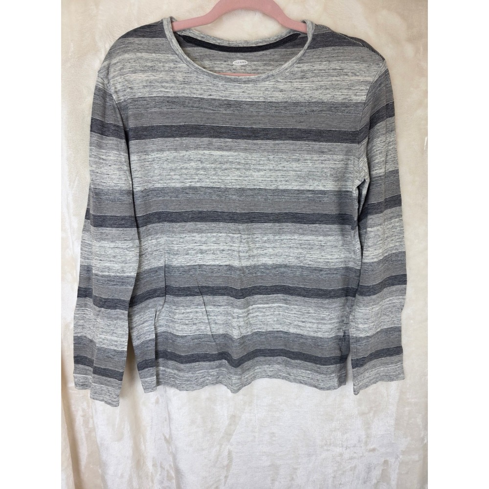 Old Navy kids XXL 18 Grey Striped Long Sleeve T-Shirt Cotton Crew Neck Tee